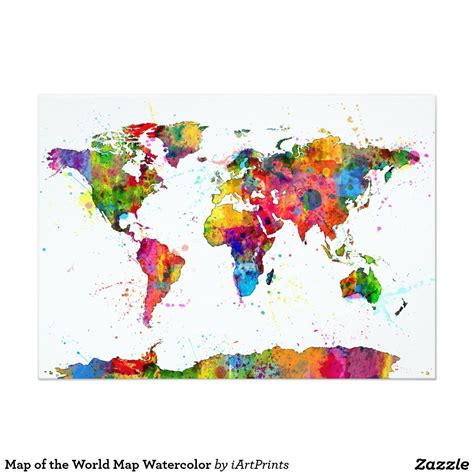 Map Of The World Map Watercolor 5x7 Paper Invitation Card Canvas Wall