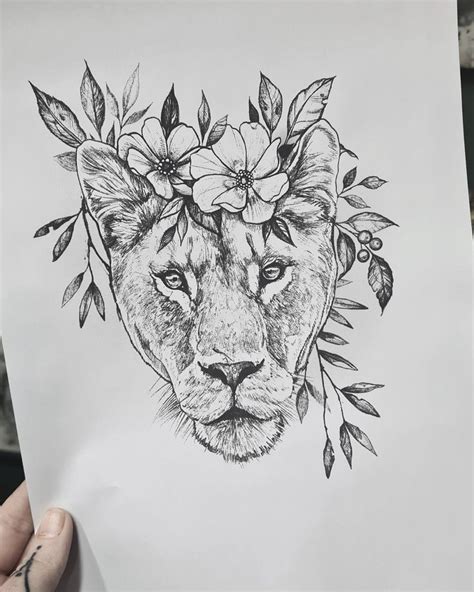 Lioness With Flower Crown Tattoo Illustration Lion Tattoo Design