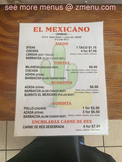 Menu At El Mexicano Restaurant Lyons