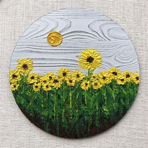 Unique Textured Sunflower Field Painting On Wood Floral Flower