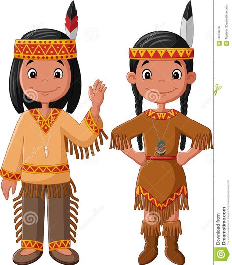 Cartoon Couple Native Indian American With Traditional Costume American