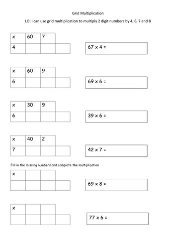 grid multiplication year 3 worksheets differentiated by
