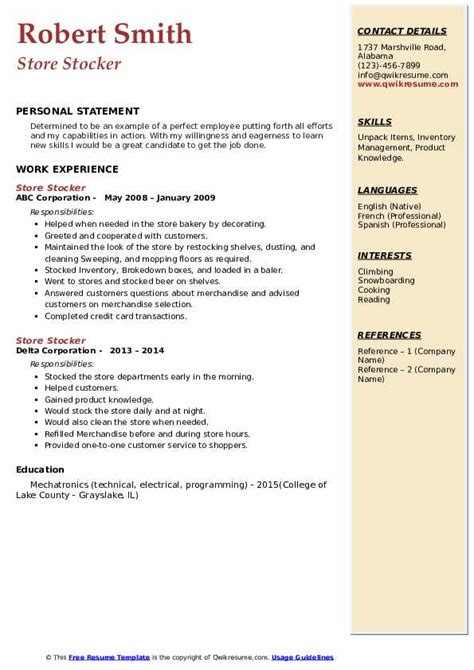 Store Stocker Resume Samples Qwikresume