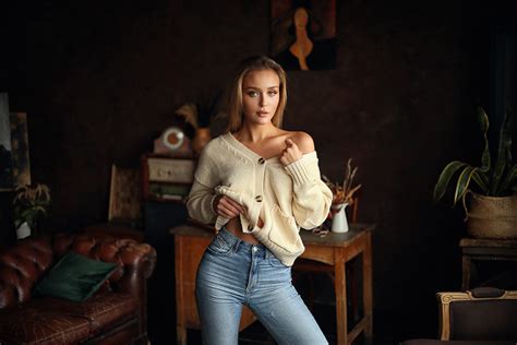 Women Dmitry Arhar Blonde Jeans Women Indoors Plants Picture Couch