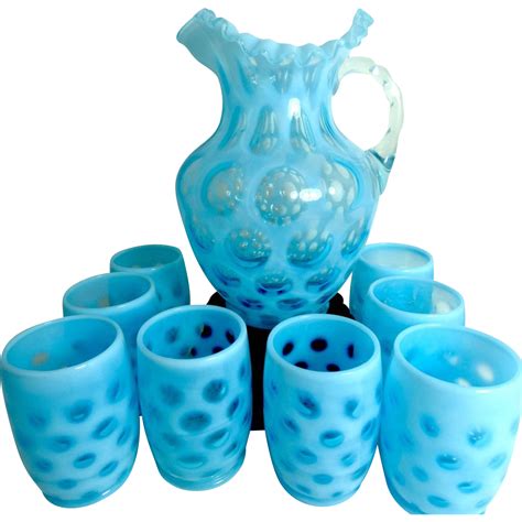 Fenton Blue Coin Dot Pitcher And Glass Set Ruffle Optic Ribbon Fenton