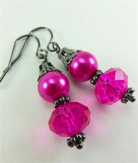 Hot Pink Earrings Pink Earrings Pretty Earrings Drop Earrings Pink