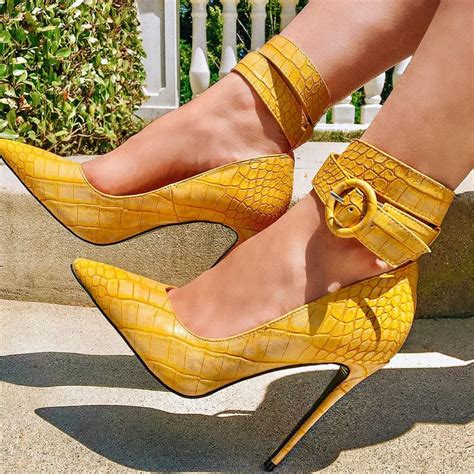Mustard Reptile Print Pointy Toe Pumps High Heels Shoes Post