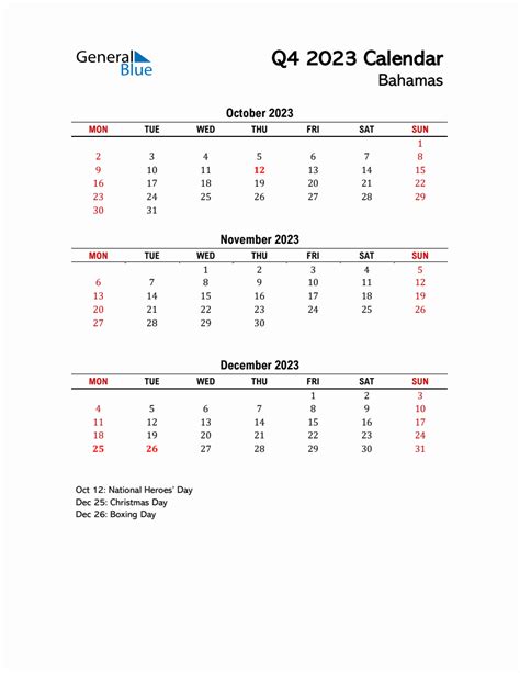 2023 Q4 Calendar With Holidays List For Bahamas