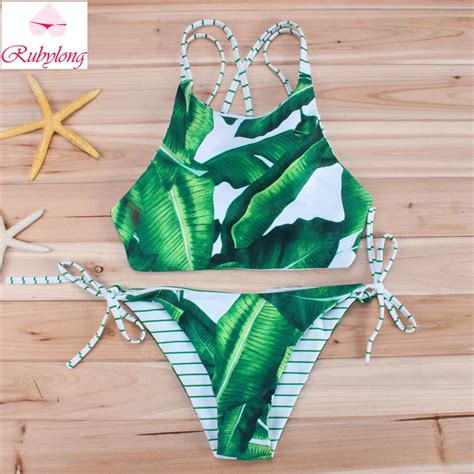 Rubylong 2017 New Sexy Green Leaves Printed Bikinis Women Strappy High