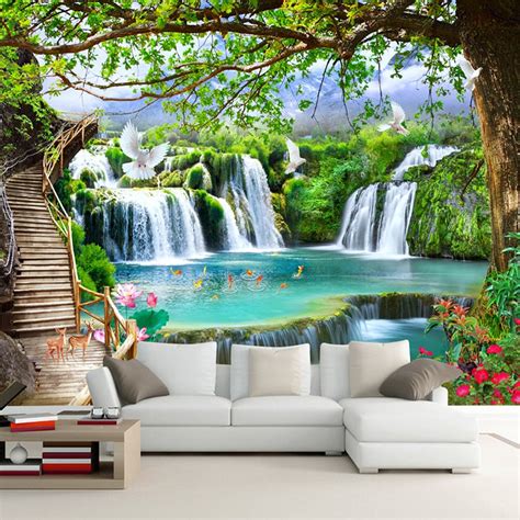 Custom Any Size Green Forest Waterfall Nature Landscape 3d Mural