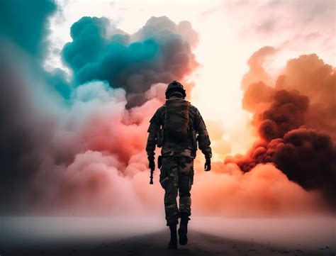 premium ai image the soldier walks away surrounded by clouds of colored smoke