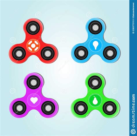 4 Realistic Fidget Spinners With Different Icons And Colors Stock