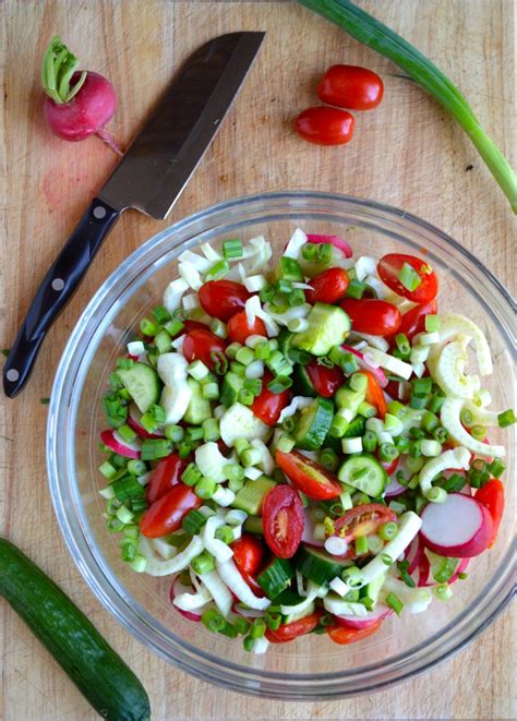 Salad is any of a wide variety of dishes including: How to Make a Chopped Vegetable Salad - West of the Loop