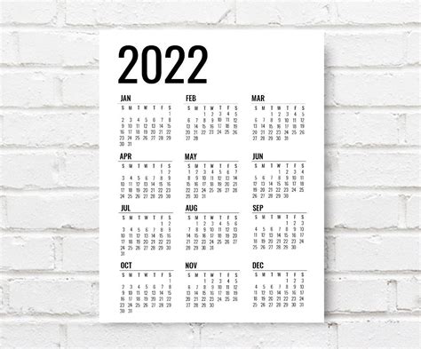 Printable 2022 Yearly Wall Calendar Large 2022 Calendar Etsy