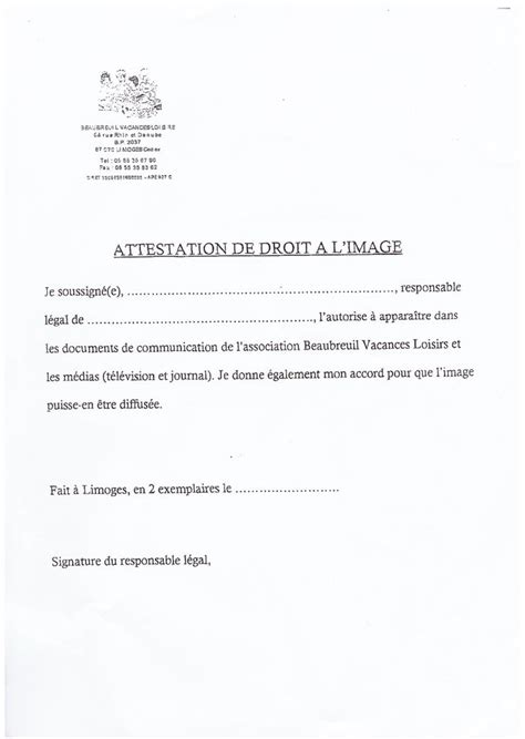 attestation de droit à limage formulaire autorisation droit à l