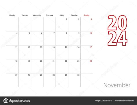 Calendar November 2024 Modern Design Planner Template Stock Vector By