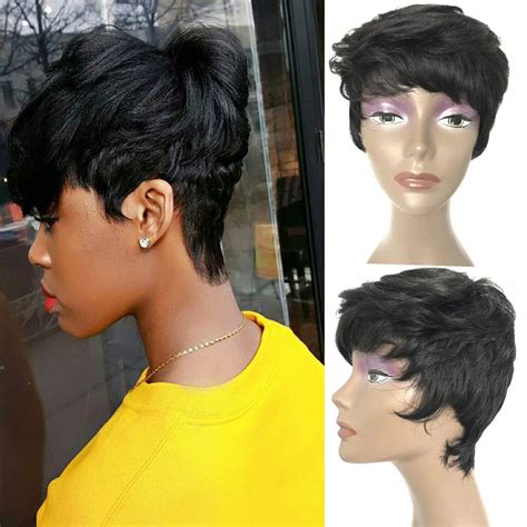 Short Pixie Cut Wig For Black Women Udu None Lace Front Wig With Bangs Short Human Hair Wigs