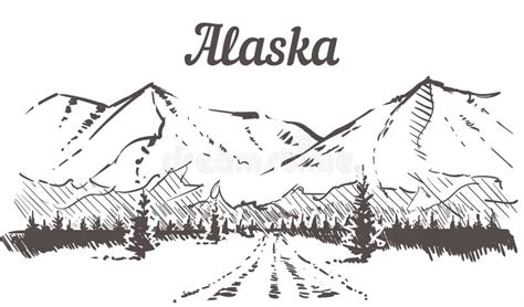 Alaska Skyline Sketch Alaska Road To Snowy Mountains Hand Drawn