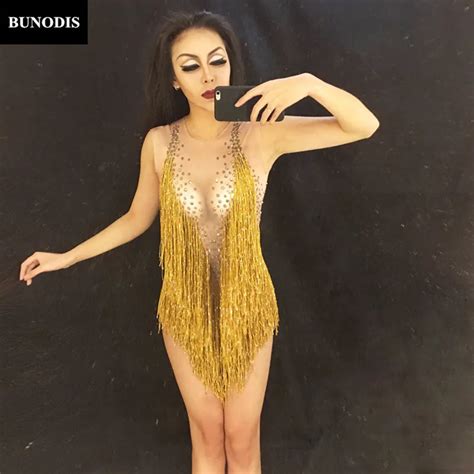 Aliexpress Com Buy BU Yellow Tassel Women Sexy Bodysuit Sparkling Crystals Costume