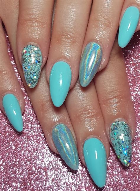 Aqua Blue Sculpted Nails With Holographic Powder And Glitter With