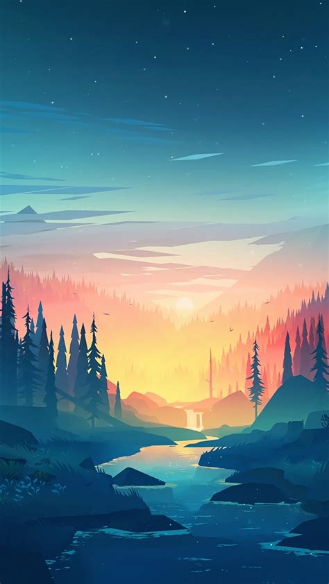 Wallpaper River Minimalism Flat Landscape Sunset Artwork Trees