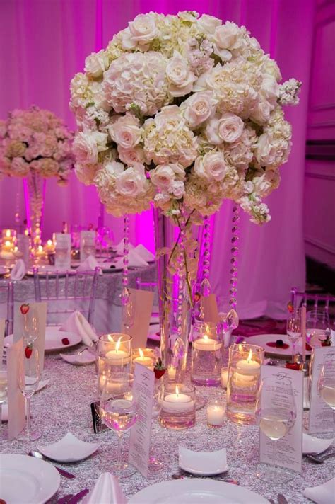 Tall White Wedding Centerpieces Roses And Hydrangeas With Crystals Jeff