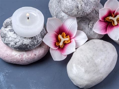 flowers burning candle and stone for spa spa composition stock image image of fresh life