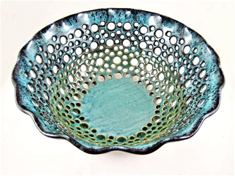 Decorative serving bowl teal blue w gold glass azzurra turkey 8.5 diameter new. Pottery fruit bowl, Large decorative lace bowl, Teal blue - In stock 47FB