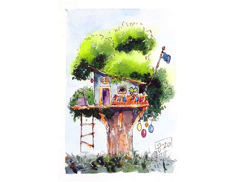Tree House Painting Aceo Original Art Landscape Watercolor Etsy