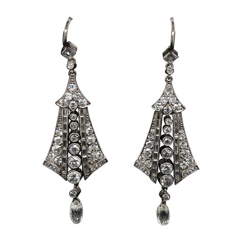 Diamond and Sapphire Platinum Art Deco Style Drop Earrings Estate Fine