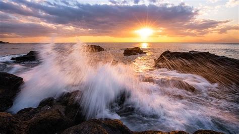 Japan Kanagawa Prefecture Bay Stones Shore Sunset Cool