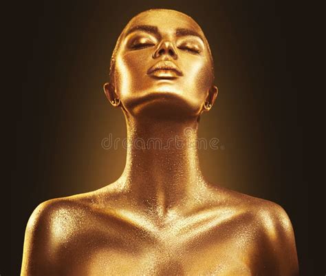 Fashion Art Golden Skin Woman Portrait Closeup Gold Jewelry Accessories Model Girl With