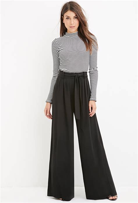 Lyst Forever 21 Contemporary Belted Wide Leg Trousers In Black