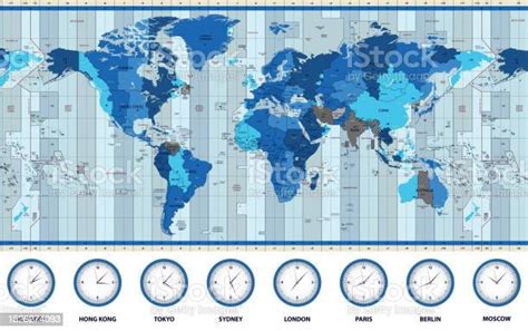 Karte Der Weltstandardzeitzonen In Blauen Farben Stock Vektor Art Und
