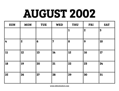 Calendar August 2002 Printable Old Calendars