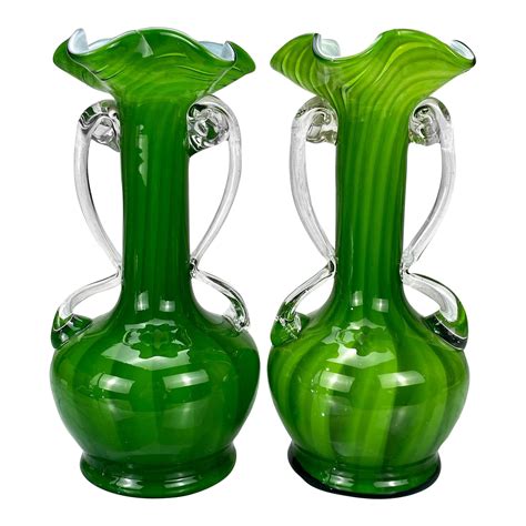 Mid Century Atomic Sculpted Spiraled Green Art Glass Vases A Pair Chairish