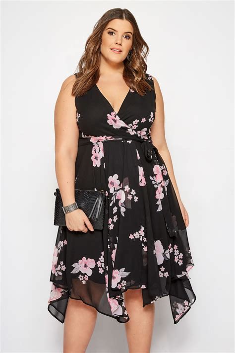 Plus Size Black And Pink Floral Wrap Dress With Hanky Hem Sizes 16 To