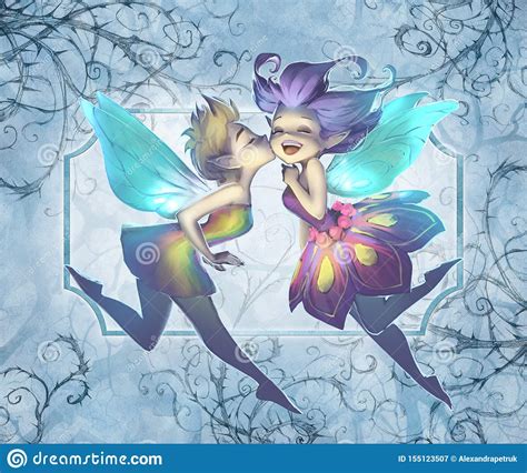 Original Illustration Of Two Cute Funny Elves Beautiful Kissing Girls