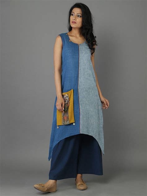 Blue Khadi Straight Fitting Kurta Cotton Kurti Designs Fashion