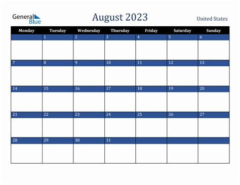 August 2023 United States Monthly Calendar With Holidays