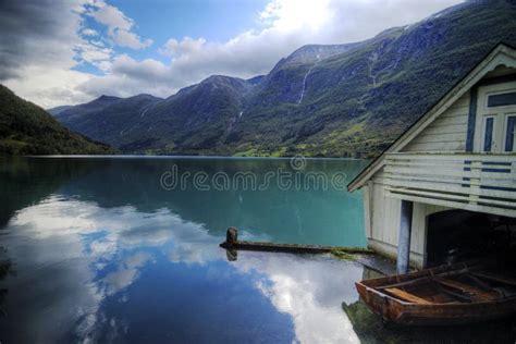Fjord And Boat Housenorway Stock Image Image Of Landscape Holiday
