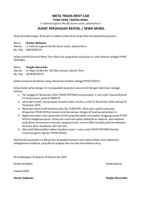 Misalnya saja ketika anda akan membuat surat kuasa, surat dinas, surat melamar kerja, dan lain sebagainya. 10+ Contoh Surat Perjanjian Sewa Mobil Pribadi, Dinas dan ...