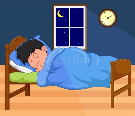 Little Boy Sleeping In Bedroom At Night Stock Vector Illustration Of