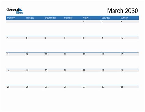 Editable Calendar Template For March 2030