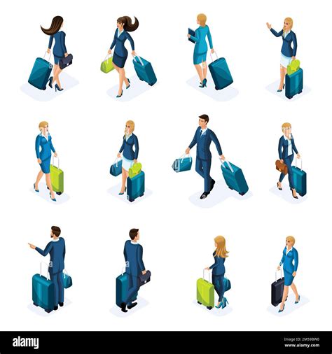 Isometric Large Set Of Businessmen And Business Lady On A Business Trip With Luggage At The