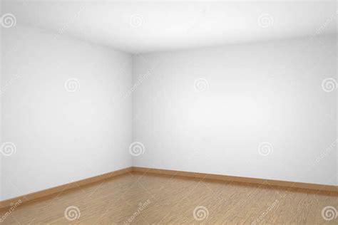 Empty White Room Corner With Brown Wood Parquet Floor Stock