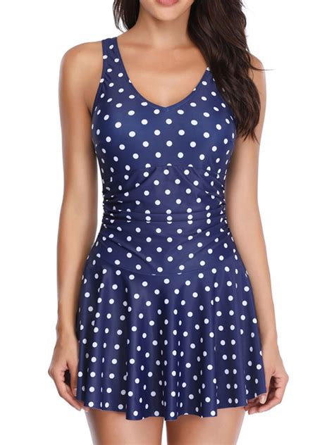 Lumento Womens V Neck Polka Dots Swim Dress Swimsuits One Piece Ruched