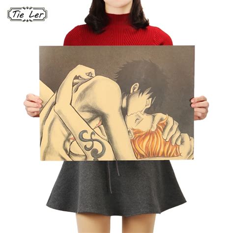 Tie Ler Luffy Nami Kiss Decorative Paintings One Piece Anime Vintage Paper Posters Home Decor