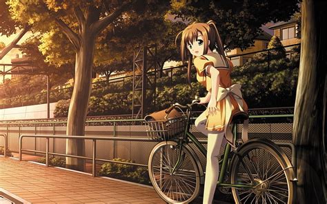 Hd Wallpaper Anime Original Bag Bicycle Brown Hair Girl Green