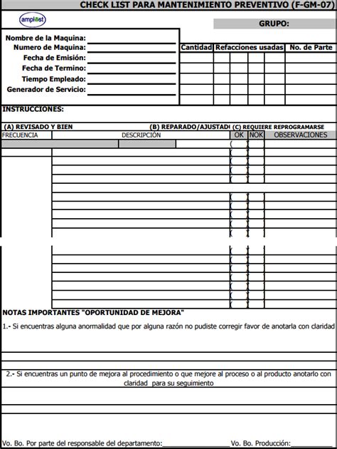 Ejemplos De Check List De Mantenimiento Curvas